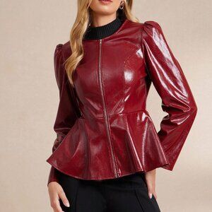 BURGUNDY FAUX LEATHER ZIP UP PUFF SLEEVE FLARED RUFFLED HEM JACKET